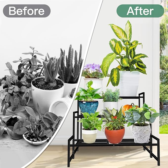 Plant Stand Indoor Outdoor, 3-Tier Wrought Iron Plant Stands, Stackable Metal Plant Shelf Decorative Outdoor Flower Stand Heavy Duty Pedestal Stands for Garden Deck Living Room, Black