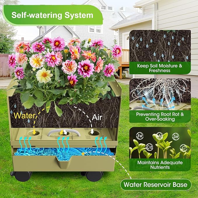 Raised Garden Bed Planter Box with Trellis, 71" Self-Watering Tomato Planter with Wheels for Climbing Vegetable and Plants, Tomato Cage Planters for Indoor Outdoor Patio Greenhouse Gardening (1Pack)