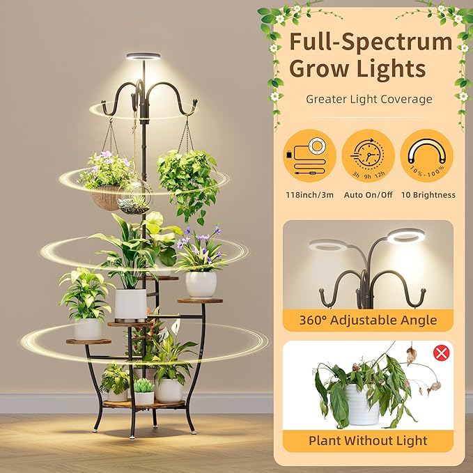 Plant Stand Indoor with Grow Light - 72" Tall Plant Shelf Indoor, 5 Tiered Corner Plant Stands for Indoor Plants, Hanging Plant Holder Flower Display Shelves for Living Room, Balcony Decor
