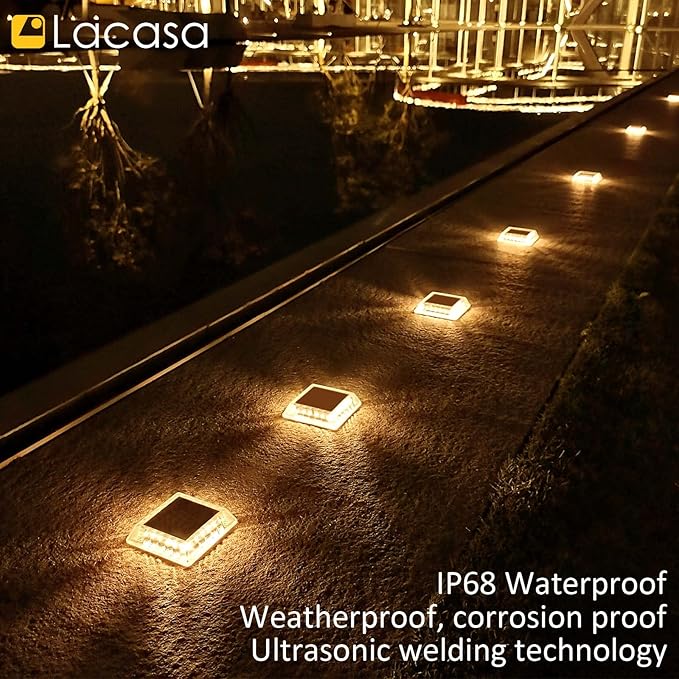 Lacasa Outdoor Solar Light, 4 Pack 30LM IP68 Waterproof Solar Garden Light Auto On/Off Solar Lighting for Stairs Paths Paths Paths Patio Deck Dock, Warm White 2700K