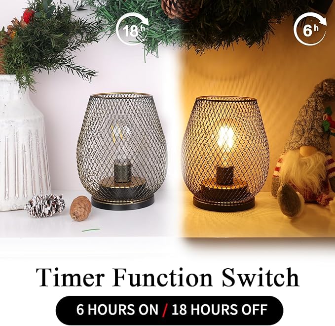 DECORKEY Set of 2 Battery Operated Lamp LED Table Lantern, Golden Metal Cage Cordless Lamps with LED Bulb，Vintage Decorative Outdoor Lantern for Weddings, Parties, Patio, Events for Indoor Shelf Decor