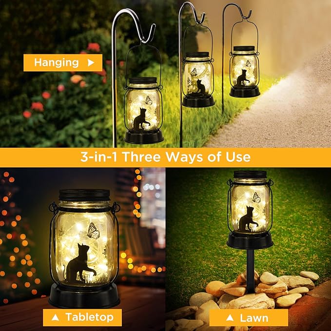 Kyoryuger Cat Solar Lanterns 2PACK Cat Lover Gifts for Women Mom Grandma Christmas Cat Gifts for Cat Lovers Cat Memory Lantern with Stake for Yard Lawn Patio Garden Decor and Bedroom Decoration