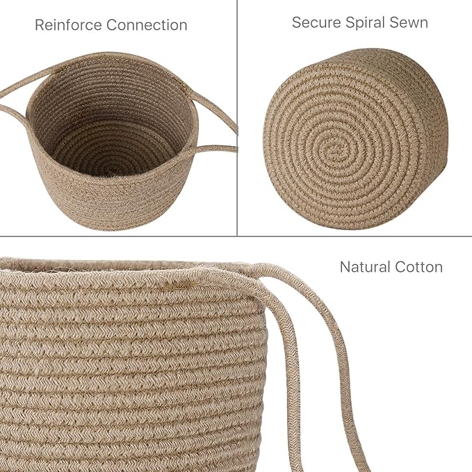 Flexzion Hanging Plant Basket (2 Pack) Cotton Rope Basket Indoor Planter Hanger (up to 7 Inch Flower Pot) Macrame Woven Organizer Bin Home Decor Storage Organizer 20" Hanging Rope, Brown