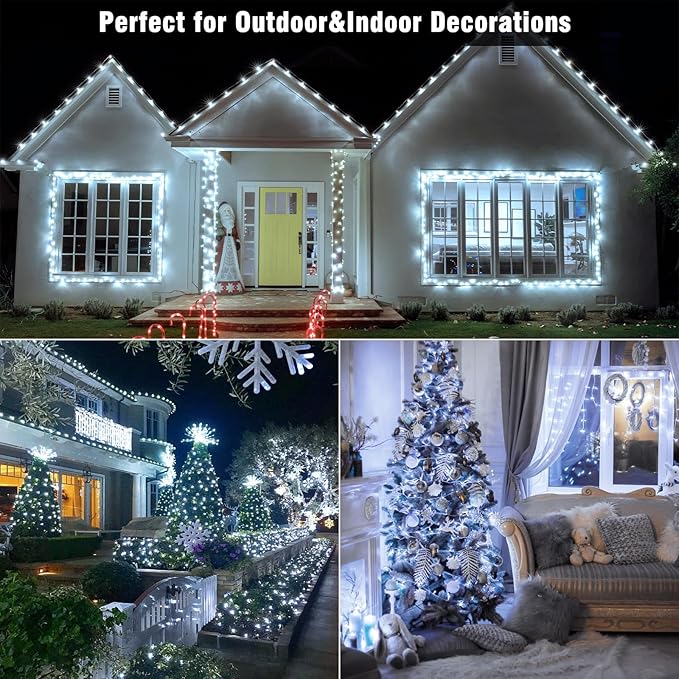 66ft 200 LED Christmas String Lights Indoor Outdoor - White Christmas Lights Outdoor Clear Wire Waterproof, 8 Modes Connectable Fairy String Lights Plug in for Bedroom Room Wedding Decorations