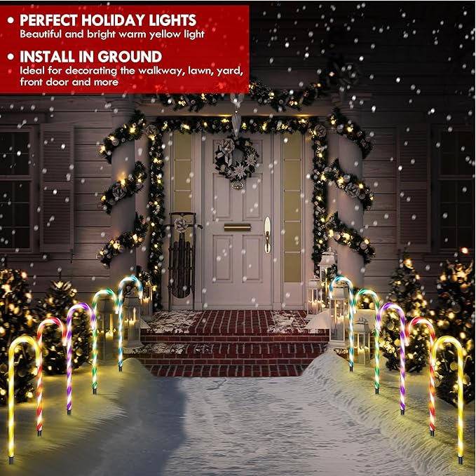 WeGuard 10PK Christmas Candy Cane Pathway Lights Outdoor Decorations 21" 8 Lighting Modes Flashing Waterproof Outdoor Lighted Christmas Decor for Garden Yard