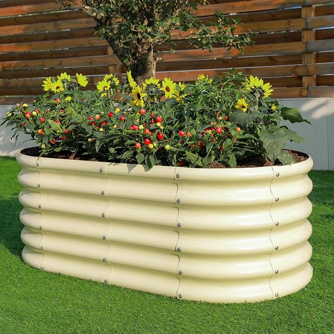Land Guard 18“ Tall Outdoor Metal Raised Garden Bed, Oval Deep Root Planter Box for Vegetables, Flowers, Herbs, 89 Gallon Capacity - Cream Yellow