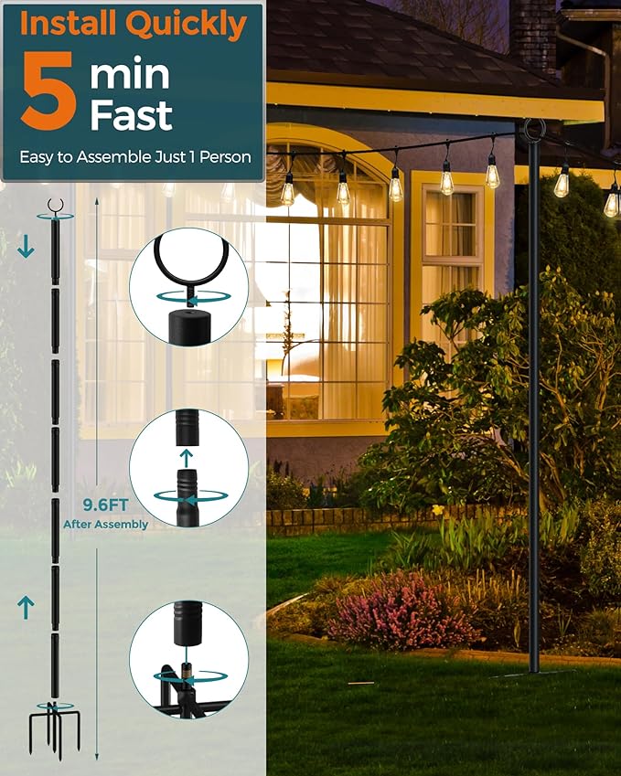LAND·VOI Metal String Light Poles for Outside Hanging - Backyard, Garden, Patio, 2 Pack Lighting Stand with Adjustable Height for Outdoor Parties, Wedding, Extra-Long 5-Prong Claws, (9.6FT) FLP02B