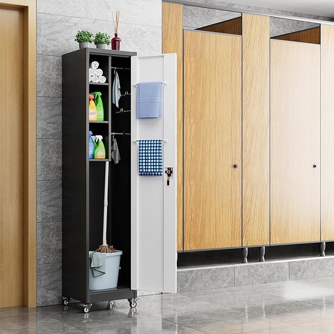72''H Metal Broom Closet Storage Cabinet with Wheels & Pegboards, Mops Broom Closet Organizer with Locking Door & Hanging Rod,Cleaning Tool Garage Cabinet,Assembly Required,Black White