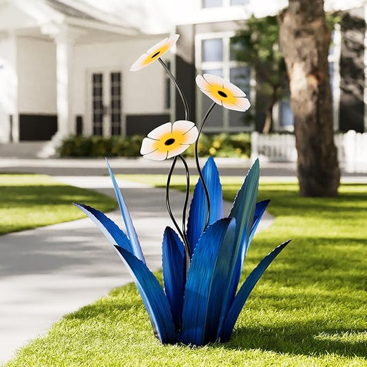 Upgraded Large Metal Yard Art, Agave Plant Yard Decorations Outdoor Sculpture, Flowers for Outside, Waterproof Outdoor Garden Decor (Blue + White Flower)