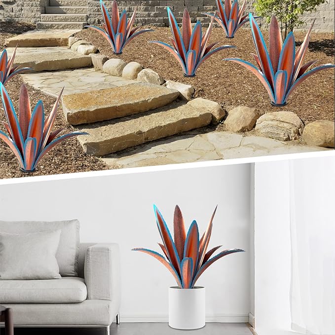 Enlarge thickened Wind Resistant Metal Agave Garden Art Metal Plant Country Garden Sculpture Statue Outdoor decoration Agave Metal Plant Courtyard Garden Lawn Ornament Gift (2, 12 Leaves blue)