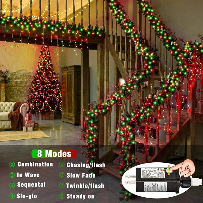 300 LED Christmas Lights Outdoor - 99ft Extra Long Christmas String Lights 8 Modes Plug in Waterproof Fairy Lights with Timer Memory for Indoor Outside Bedroom Home Party Decoration, Red&Green