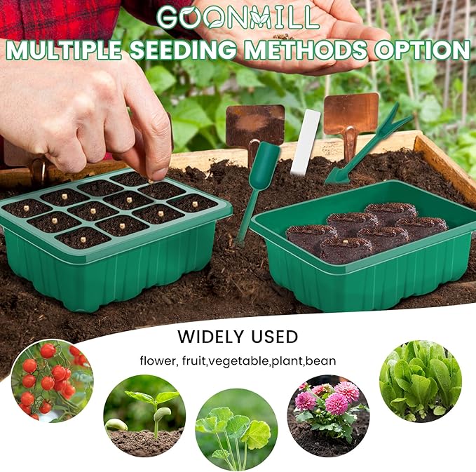 Seed Starter Tray with Grow Light, 5 Packs Plant Starter Tray Seedling Starter Kit with Humidity Domes Base Indoor Greenhouse Mini Propagator Station for Seeds Growing Starting (12 Cells per Tray)