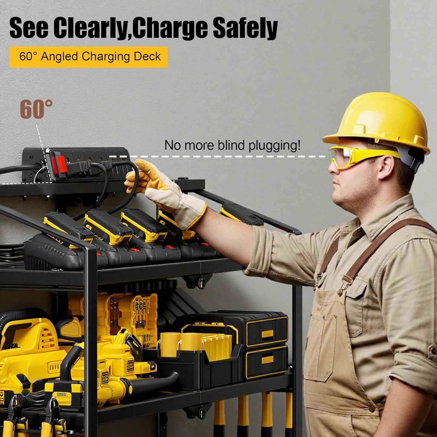 Power Tool Organizer Wall Mount with Charging Station, 3 Layers Storage Rack with 8 Cordless Drill Hangers, Tool Battery Holder Built in 6 Outlet Power Strip, Utility Racks for Garage Workshop