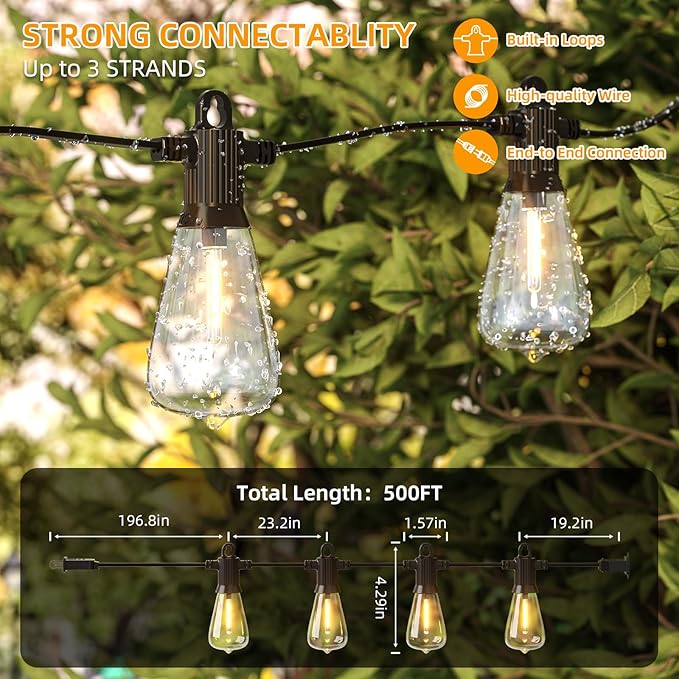 FOOMAN LED Outdoor String Lights, 500FT Outside Waterproof Hanging Patio Lights with 250+10 Shatterproof ST38 Edison Bulbs, 2700K Warm White, Dimmable Light for Back Yard Porch Party Gazebo Bistro