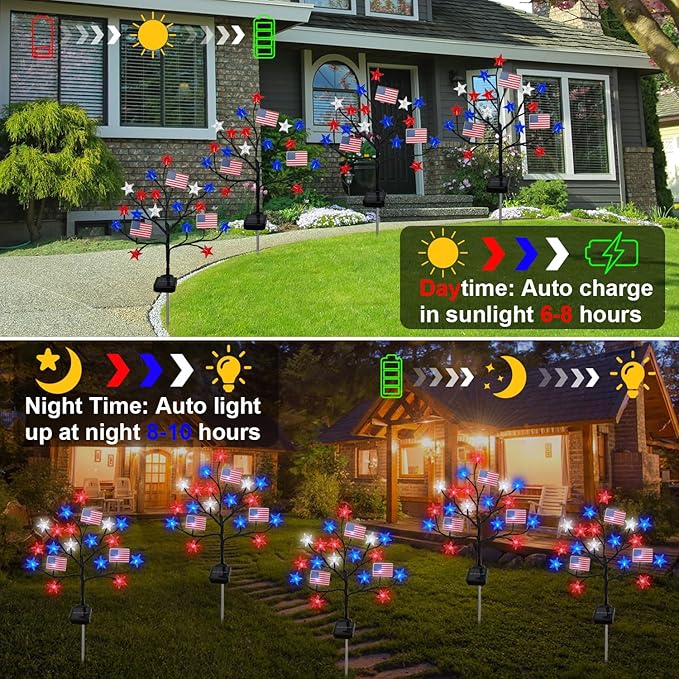 Upgraded 4th of July Decorations Solar Lights, 2 Packs 40LED Red White and Blue 4th of July Stake Lights, Outdoor Waterproof Memorial Day Decorations Patriotic Lights for Garden Yard Pathway Grave
