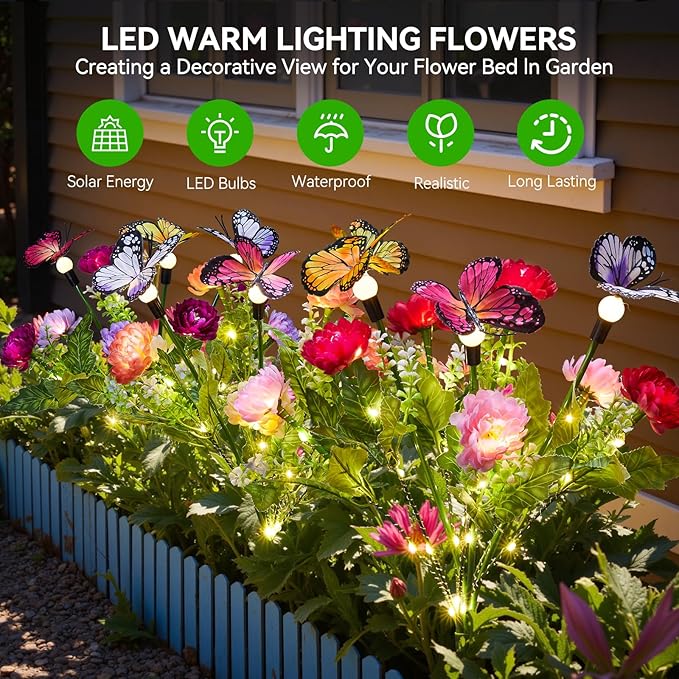 Solar Flowers Lights Outdoor Waterproof, 3 Pack 2 in 1 Solar Butterfly Bouquet for Garden Decor, LED Warm Lighting Garden Lights Outdoor for Pathway Yard Patio Decoration