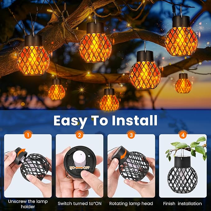 GIGALUMI Solar Lights Outdoor Waterproof,4 Pack Solar Hanging Lights with Flickering Flame,Outdoor Solar Lights for Yard,Patio,Tree,Camping,Christmas Decoration,New Upgraded Larger Lanterns