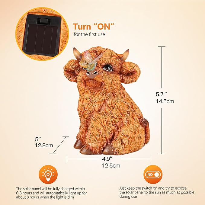 Highland Cow Solar Powered Outdoor Garden Statue, Resin Highland Cow Statue with Solar Light Lantern, Decorative Lawn, Yard Outdoor Highland Cow Decor. Unique home decorations, gifts for women