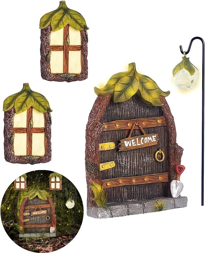 Miniature Fairy Garden Accessories Fairy Door and Windows for Trees, Glow in The Dark Yard Garden Sculpture Lawn Ornament Mini Garden Art Outdoor Decor Accessories with Lantern