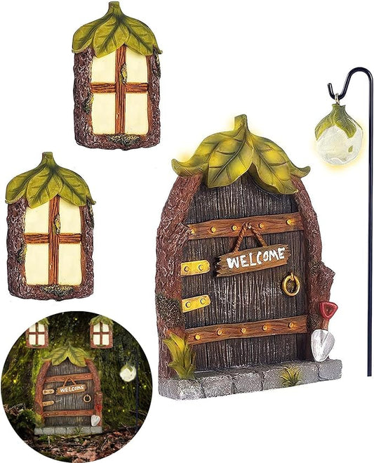 Miniature Fairy Garden Accessories Fairy Door and Windows for Trees, Glow in The Dark Yard Garden Sculpture Lawn Ornament Mini Garden Art Outdoor Decor Accessories with Lantern