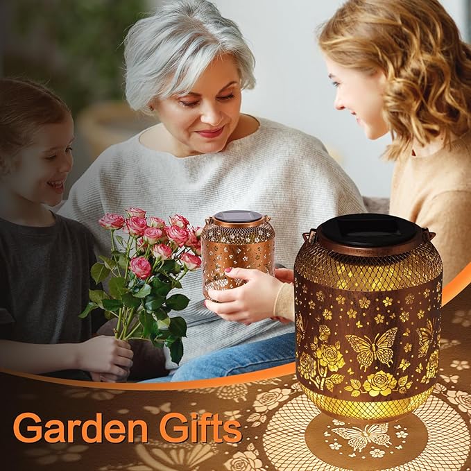 Butterfly Solar Lanterns Outdoor Waterproof Rose Garden Decor Gifts for Women Mom Grandma Hanging Solar Lights Metal Lantern Decoration Outside for Yard, Patio, Backyard, Porch