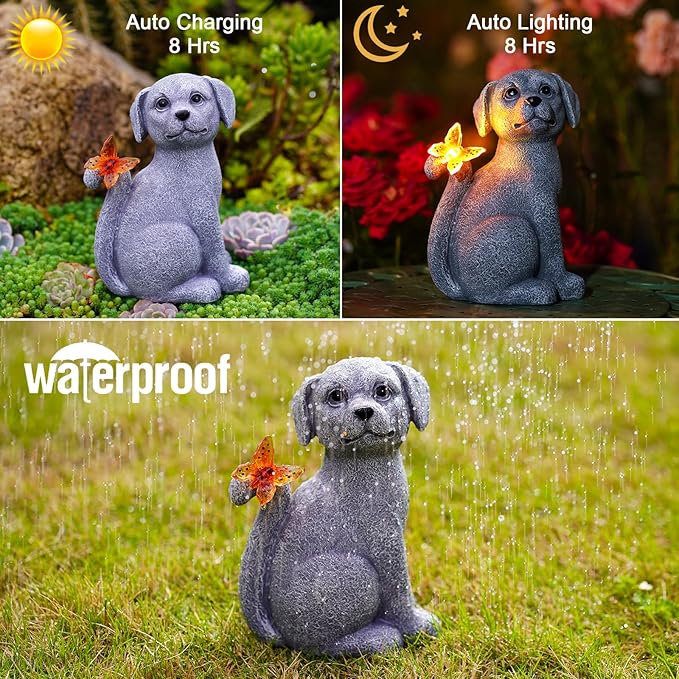 Nacome Solar Dog Outdoor Statues for Garden: Outside Decor with Butterfly Clearance for Yard Art Lawn Ornaments Porch Patio Balcony Home House - Birthday Gifts for Grandma Mom Women