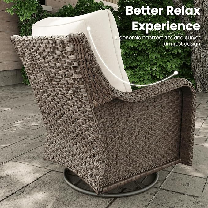 6 Pieces Outdoor Patio Furniture Sets with Rocking Swivel Chairs with 6-inch Thick Cushion and Side Table for Deck Lawn