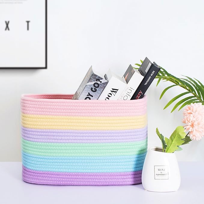 MINTWOOD Design Storage Basket for Shelves, Decorative Baskets for Organizing, Book Basket, Storage Cube Bin Box, Woven Closet Organizer, Pantry Closet and Shoe Basket, Pastel Rainbow