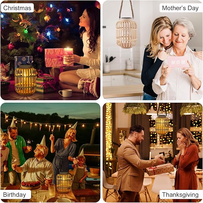 pearlstar Outdoor Solar Lanterns Light Rattan Natural Lantern with Handle for Hanging or Table Lamp for Patio Yard Garden Wedding Home Decoration, Edison Bulb, Auto on/Off (Style 4)