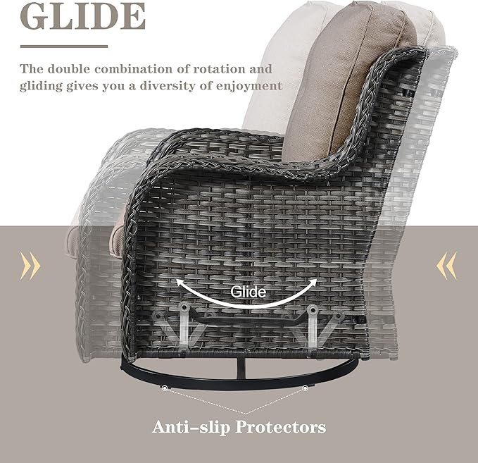 5 Piece Outdoor Patio Furniture Set - Wicker Furniture Patio Conversation Set, Outdoor Swivel Rocker Chairs with Loveseat Sofa and 2 Ottomans for Small Space, Gray Cushion