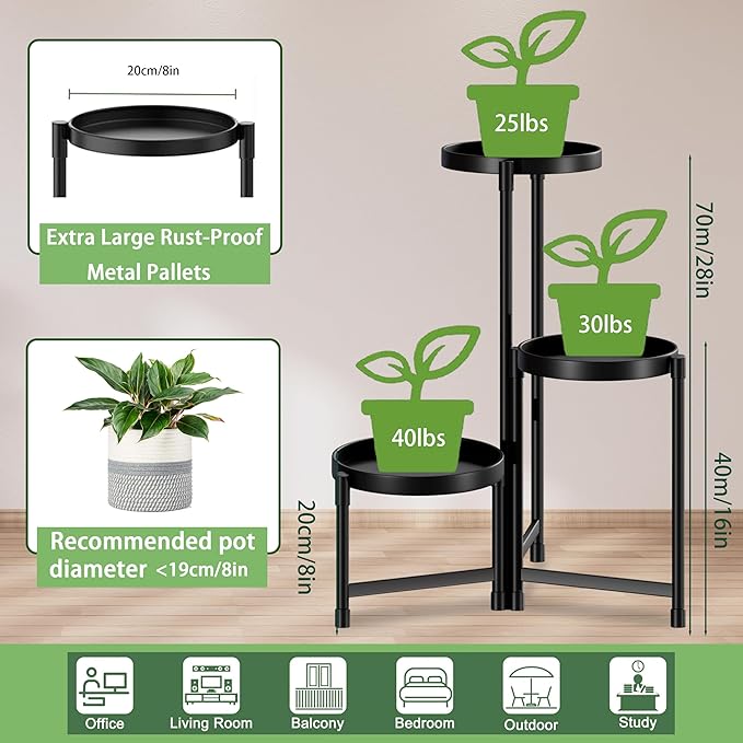 Plant Stand indoor outdoor - 3 Tier black Tall Metal Flower Pot Holder Potted Display Rack - Heavy Duty Corner Plant Shelf for Patio Garden Balcony Living Room Bedroom