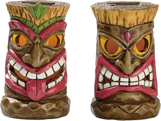 TERESA'S COLLECTIONS Tiki Head Garden Decor with Solar Outdoor Light, Set of 2 Tropical Hawaiian Tiki Torch Resin Christmas Decorations Garden Sculptures & Statues Yard Decor Thanksgiving Gifts 6"