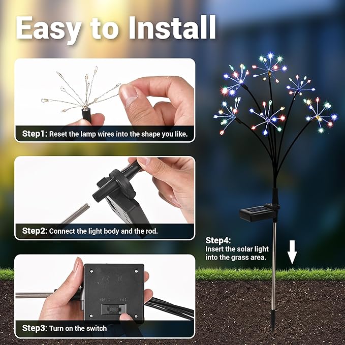 Solar Garden Decor Lights Outdoor, Solar Powered Lights Waterproof for Yard Patio Porch Flowerbed, Fairy Gardening Supplies Gifts Firwork(8 Pack Multi-Colored)