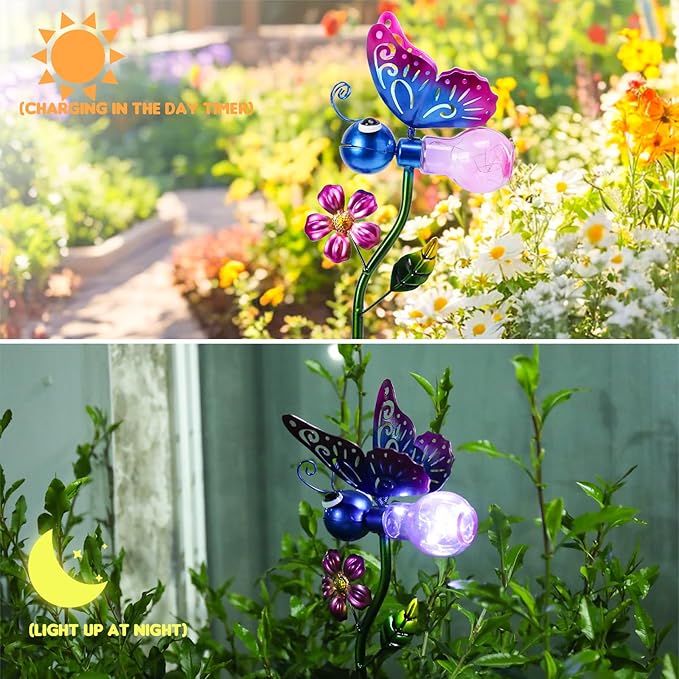 VCUTEKA Solar Garden Lights Metal Flower Decor Colorful Solar Pathway Light with LED Cracked Crystal Ball Outdoor Decorative Stake for Patio Yard Lawn Garden Decor (Purple)