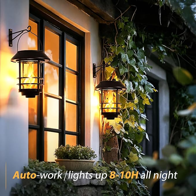 Otdair Solar Wall Lantern Outdoor, Flickering Flames Solar Sconce Lights Outdoor, Hanging Solar Lamps Wall Mount for Front Porch, Patio and Yard, 4 Pack