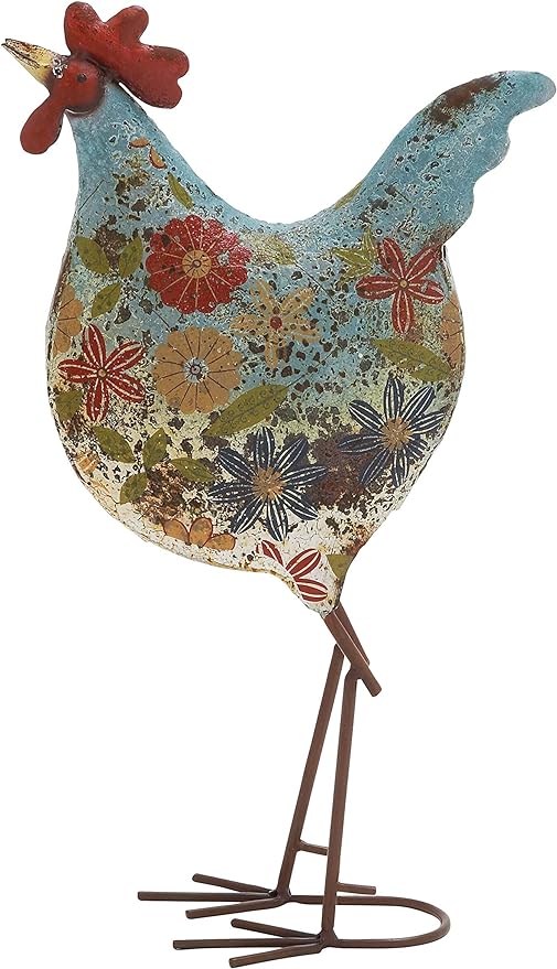 Deco 79 Metal Rooster Decorative Garden Sculpture Indoor Outdoor Distressed Standing Garden Statue with U Shaped Feet, Outdoor Sculpture 10" x 5" x 17", Green