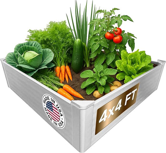 Raised Garden Bed - 4x4 ft Planter Box - White HDPE - No Tools Needed - DIY Kit for Urban Gardening, Flowers, Herbs & Vegetables - Made in The USA