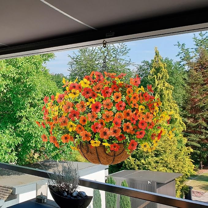 Artificial Faux Hanging Plants Flowers Basket for Spring Outdoor Decoration, Fake Silk Daisy in Planter Realistic UV Resistant Look Real for Porch Home Patio Balcony Yard(Red Orange Yellow)