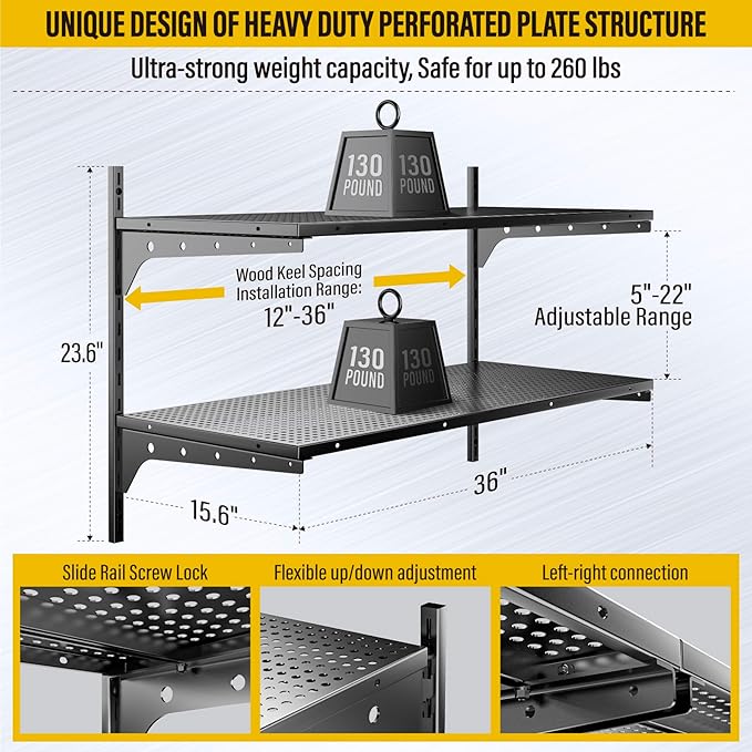 2 Tier 1.3x3ft Garage Shelving Wall Mounted, 400 lbs Load Capacity,15.6x36inch per Shelf Height Cassette Adjustable Floating Shelves(Black)