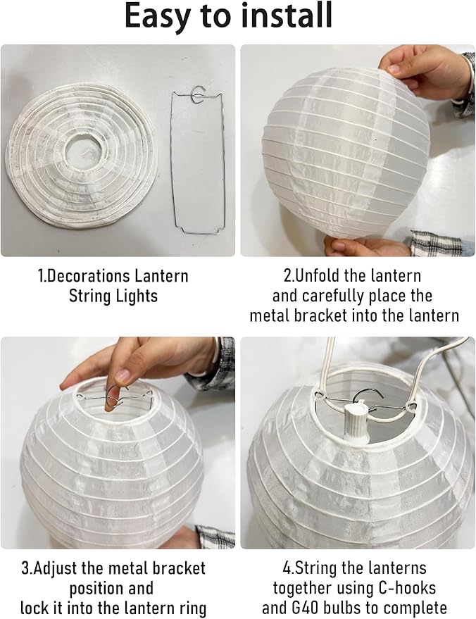 Lantern String Lights Outdoor, 27.5FT White Lantern String Lights Plug in with 10 Nylon Lanterns and G40 LED Bulbs, Hanging Light Strings Waterproof for Indoor Bedroom Outdoor Patio Wedding Party