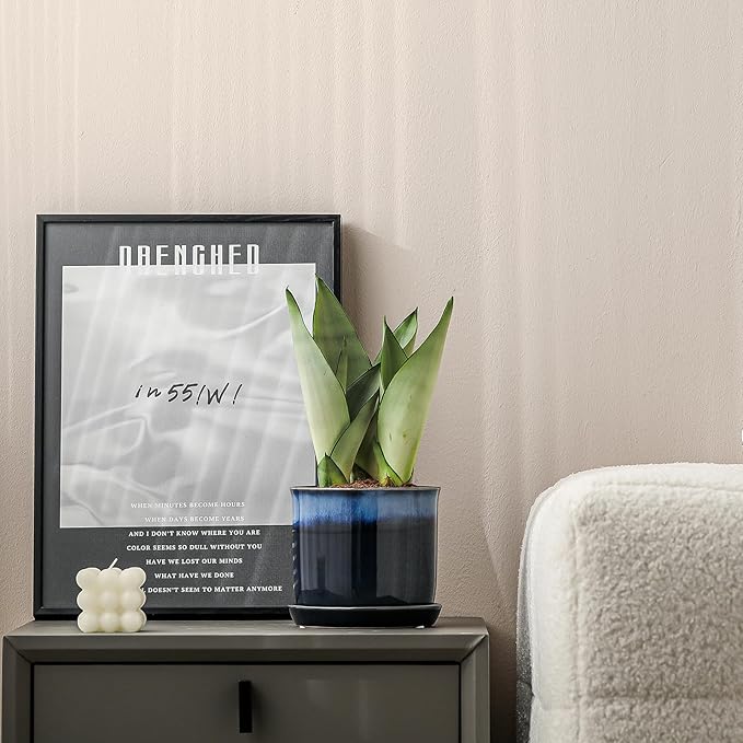 5.8 Inch Plant Pot: Ceramic Planter with Drainage Hole & Saucer - Gradient Blue Flowerpot for Indoor & Outdoor Plants with Separate Tray