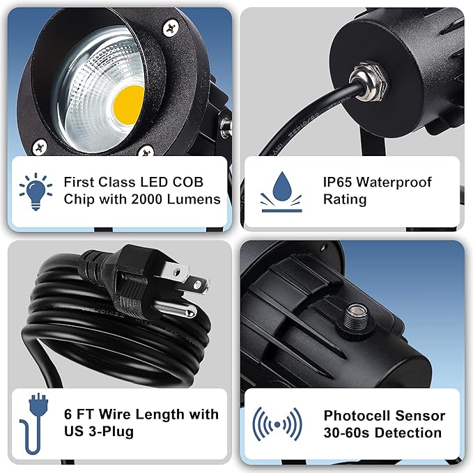 SUNVIE Outdoor LED Spotlight with Dusk to Dawn Photocell Light Sensor 20W Landscape Lights 120V AC 3000K Warm White Waterproof Landscape Spotlights for Yard Tree Flag Garden Decor 6 FT Cord(2 Pack)