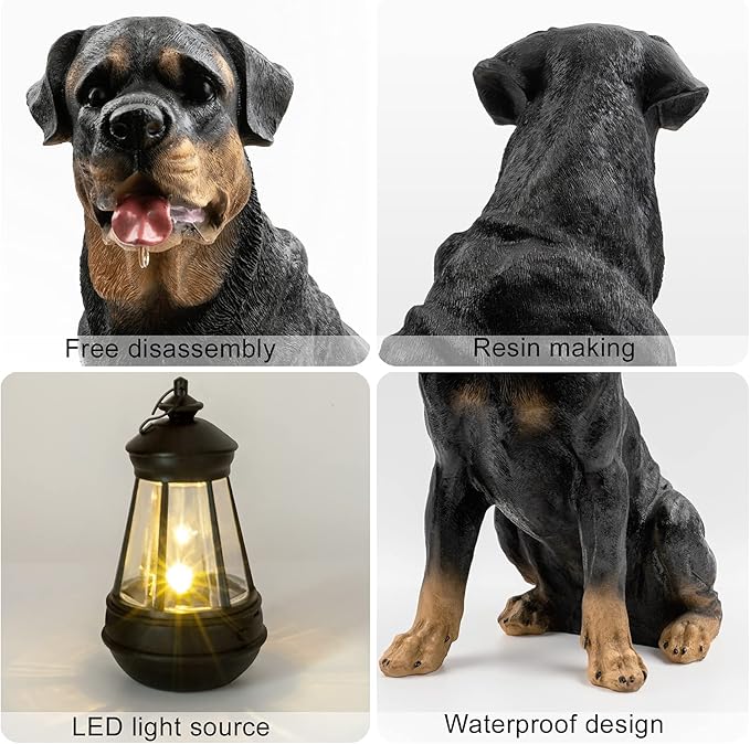 Notakia Resin Dog Rottweiler Statues and Sculptures with Solar Led Home Garden Decoration Windproof Lamp Outdoor Lighting Decor (Rottweiler &LED)