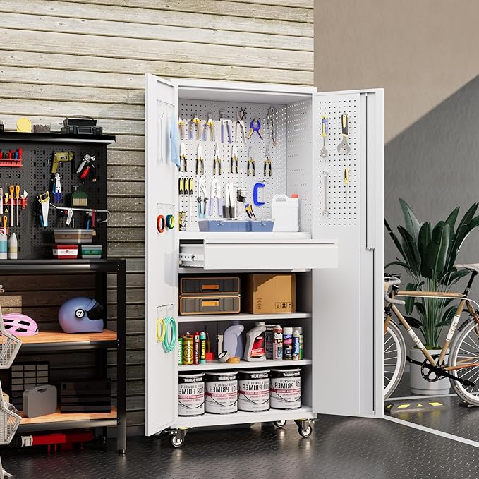Metal Garage Cabinet with Wheels,71''H Rolling Lockable Steel Tool Cabinet with Pegboard & Drawer for Garage,Home,Office Assembly Required,White