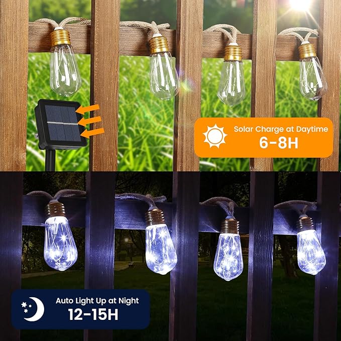 Solar Outdoor String Lights 24Ft Vintage Hemp Rope Solar Lights with 20 Shatterproof Bulbs,Solar Powered Patio String Lights with 8 Modes and Memory Function for Fence Garden Balcony Camping Bistro