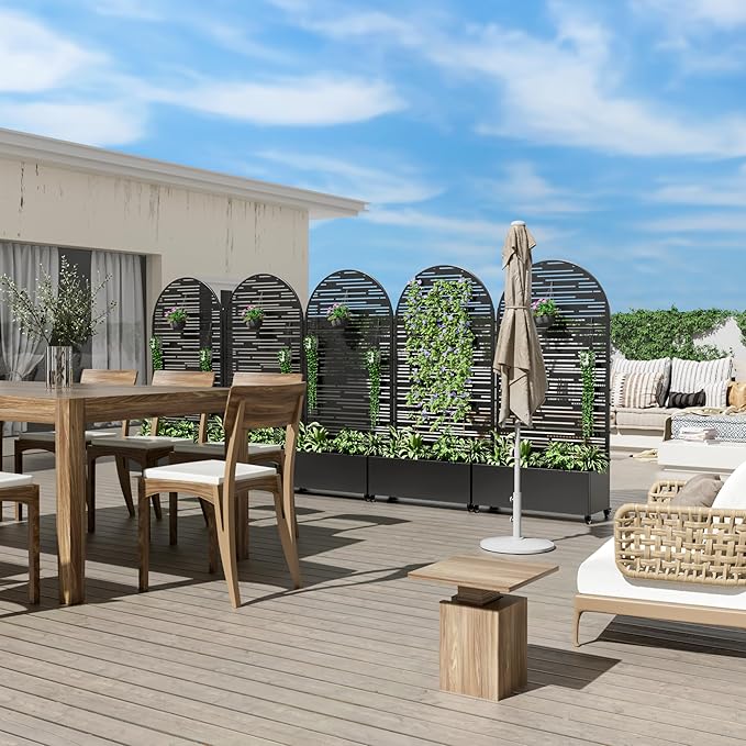 Casaphoria Metal Raised Garden Bed with Trellis and Wheels, 72"x35"x16" Arched Planter Box for Climbing Plants, Vegetables & Vines, Features Drainage Holes and Privacy Screen (Black-Shine)