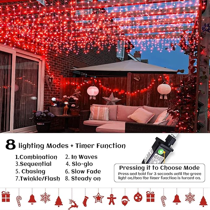 66ft Icicle Lights for Outside, Red Christmas Lights Outdoor Waterproof for House, 640 LED Twinkle Tree Lights with 120 Drops Clear Wire Short Curtain Lights for Room Home Wall Indoor Decorations