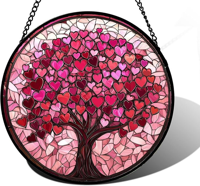 Stained Glass Window Hanging, Pink Love Tree of Life Sun Catchers Colorful Glass Panel Suncatcher Decor for Birthday for Women, Men, Wife, Lovers, and Mom 7.8 in