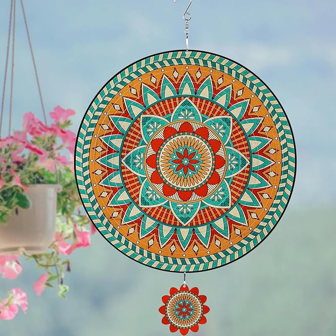 TUOKING Mandala Wind Spinners Outdoor Metal 3D Hanging Art Wind Spinner 12 Inch Stainless Steel for Yard and Garden Decoration Worth Gift for Women