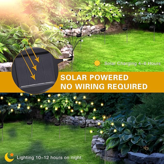 Solar Powered Firefly Lights Outdoor Waterproof 2-Pack, Swaying as Wind Blows, 8 LED Bulbs, Solar Garden Lights, Warm White, Outdoor Decorative Lights for Pathway Yard Patio Decorations
